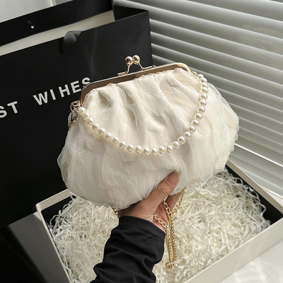 2024 NEW RETRO FAIRY SOLID COLOR kleine zak witte handtas parel zak dames net garens in eenvoudige crossbody tas