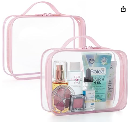 Doorzichtige toilettas met handvat 2-pakket TSA goedgekeurd, roze. Waterbestendige reis toilettas, transport reis accessoires tas, luchthaven vliegtuigen kwart maat tassen vrouwen mannen, make-up tas