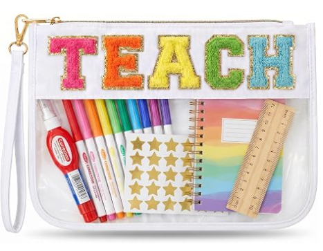 Cadeau Make-up Tas Leraar Waardering, Afstudeer Cadeau Tas voor Vrouwen | Leuke TEACH Chenille Letter Organizer Pouch. Perfect Cadeau Einde Schooljaar Docenten, Transparante Cosmetische Tas & Essentiële Leraar Tassen