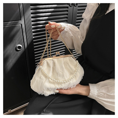 2024 NEW RETRO FAIRY SOLID COLOR kleine zak witte handtas parel zak dames net garens in eenvoudige crossbody tas