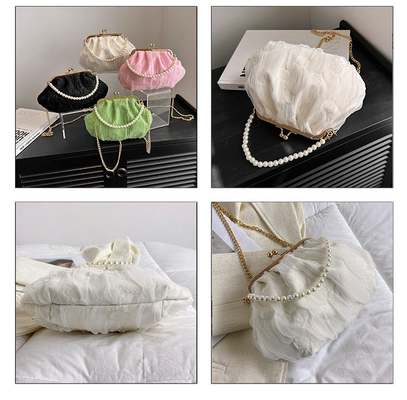 2024 NEW RETRO FAIRY SOLID COLOR kleine zak witte handtas parel zak dames net garens in eenvoudige crossbody tas