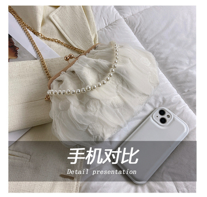 2024 NEW RETRO FAIRY SOLID COLOR kleine zak witte handtas parel zak dames net garens in eenvoudige crossbody tas