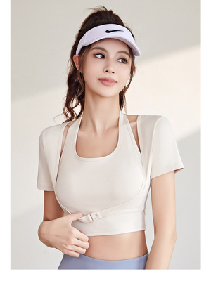 Nieuwe snel droogende perziken halter top yoga korte mouw korte mouw met borstpad strak fitness T-shirt sporten korte mouw
