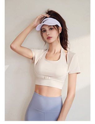 Nieuwe snel droogende perziken halter top yoga korte mouw korte mouw met borstpad strak fitness T-shirt sporten korte mouw