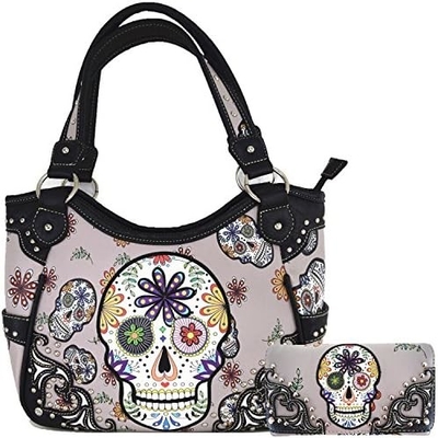 Punk, gothic, rock, metal, schedel, dag van de doden, bloemen, suiker, schedel, lederen, vrouwen, handtas, schoudertas, portemonnee.