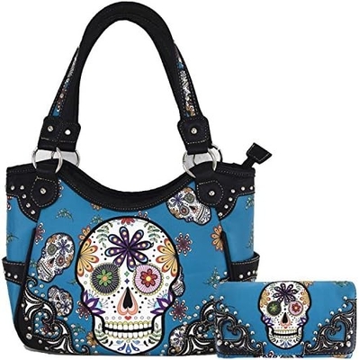 Punk, gothic, rock, metal, schedel, dag van de doden, bloemen, suiker, schedel, lederen, vrouwen, handtas, schoudertas, portemonnee.