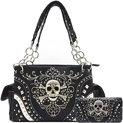 Punk, gothic, rock, metal, schedel, dag van de doden, bloemen, suiker, schedel, lederen, vrouwen, handtas, schoudertas, portemonnee.