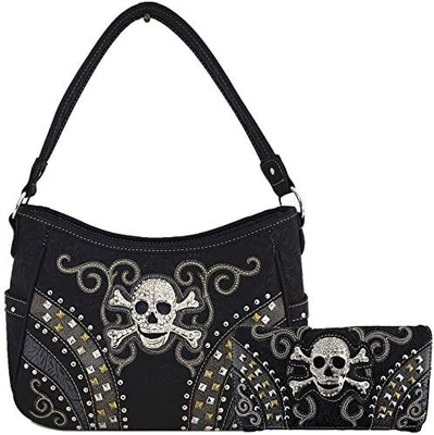 Punk, gothic, rock, metal, schedel, dag van de doden, bloemen, suiker, schedel, lederen, vrouwen, handtas, schoudertas, portemonnee.