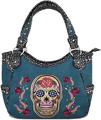 Punk, gothic, rock, metal, schedel, dag van de doden, bloemen, suiker, schedel, lederen, vrouwen, handtas, schoudertas, portemonnee.