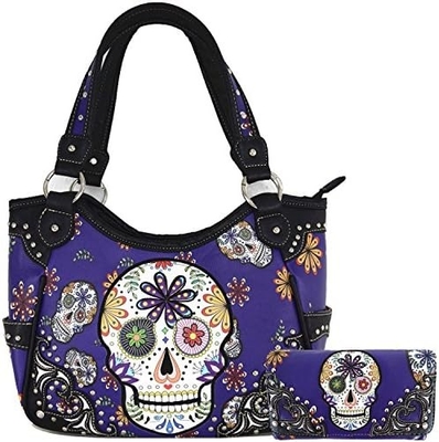 Punk, gothic, rock, metal, schedel, dag van de doden, bloemen, suiker, schedel, lederen, vrouwen, handtas, schoudertas, portemonnee.