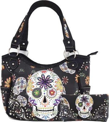 Punk, gothic, rock, metal, schedel, dag van de doden, bloemen, suiker, schedel, lederen, vrouwen, handtas, schoudertas, portemonnee.