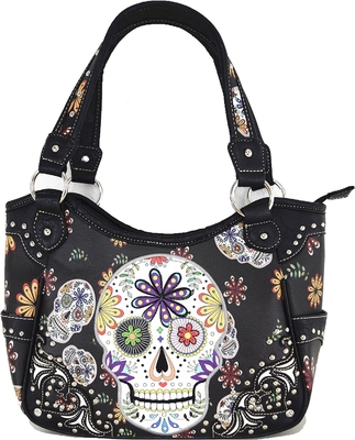 Punk, gothic, rock, metal, schedel, dag van de doden, bloemen, suiker, schedel, lederen, vrouwen, handtas, schoudertas, portemonnee.