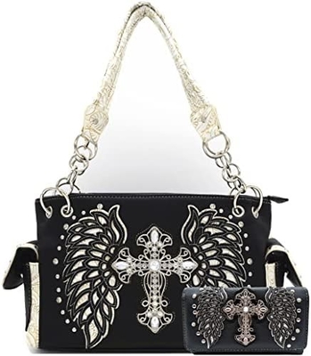 WESTERN STYLE RINESTONE CROSS STUDED LASER CUT WINGS TOOLLED LEER BORSEN Vrouwen handtassen LANDSCHULTERBAG GELDEN