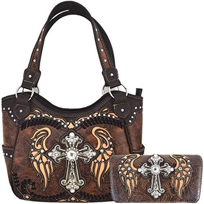 WESTERN STYLE RINESTONE CROSS STUDED LASER CUT WINGS TOOLLED LEER BORSEN Vrouwen handtassen LANDSCHULTERBAG GELDEN