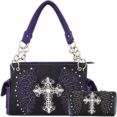 WESTERN STYLE RINESTONE CROSS STUDED LASER CUT WINGS TOOLLED LEER BORSEN Vrouwen handtassen LANDSCHULTERBAG GELDEN