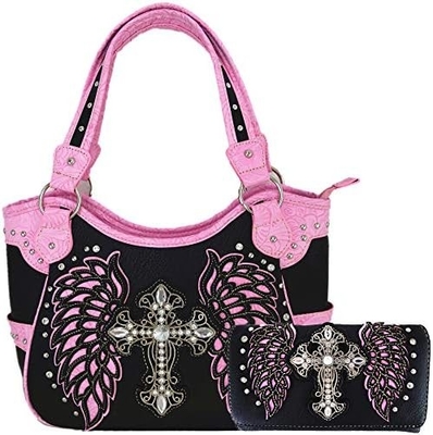 WESTERN STYLE RINESTONE CROSS STUDED LASER CUT WINGS TOOLLED LEER BORSEN Vrouwen handtassen LANDSCHULTERBAG GELDEN