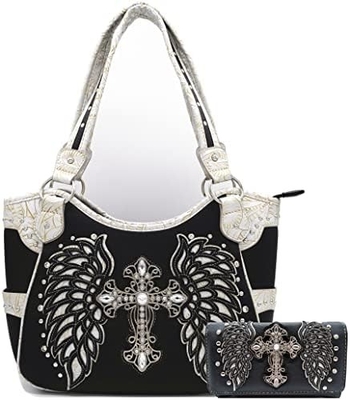 WESTERN STYLE RINESTONE CROSS STUDED LASER CUT WINGS TOOLLED LEER BORSEN Vrouwen handtassen LANDSCHULTERBAG GELDEN