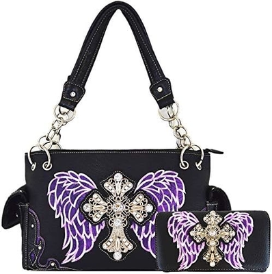 WESTERN STYLE RINESTONE CROSS STUDED LASER CUT WINGS TOOLLED LEER BORSEN Vrouwen handtassen LANDSCHULTERBAG GELDEN