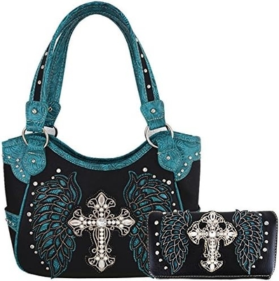 WESTERN STYLE RINESTONE CROSS STUDED LASER CUT WINGS TOOLLED LEER BORSEN Vrouwen handtassen LANDSCHULTERBAG GELDEN