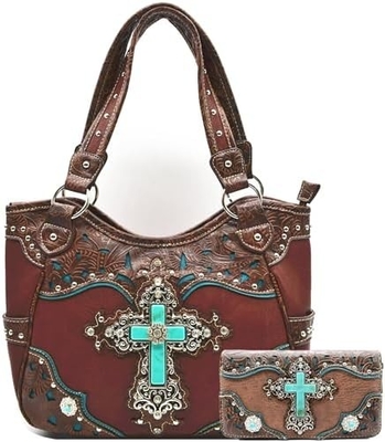 WESTERN STYLE RINESTONE CROSS STUDED LASER CUT WINGS TOOLLED LEER BORSEN Vrouwen handtassen LANDSCHULTERBAG GELDEN