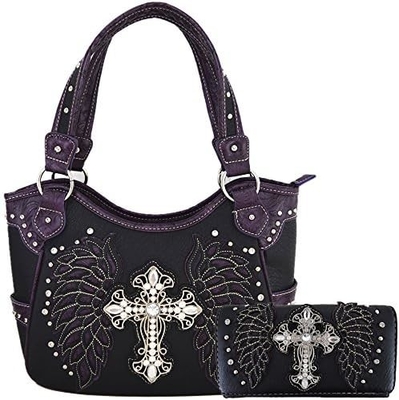 WESTERN STYLE RINESTONE CROSS STUDED LASER CUT WINGS TOOLLED LEER BORSEN Vrouwen handtassen LANDSCHULTERBAG GELDEN