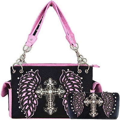 WESTERN STYLE RINESTONE CROSS STUDED LASER CUT WINGS TOOLLED LEER BORSEN Vrouwen handtassen LANDSCHULTERBAG GELDEN