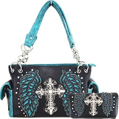 WESTERN STYLE RINESTONE CROSS STUDED LASER CUT WINGS TOOLLED LEER BORSEN Vrouwen handtassen LANDSCHULTERBAG GELDEN