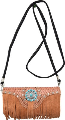 WESTERN STYLE FRIENGE CONCHOS GEM RINESTONE STUDED BRIEDED LEER BURSE COUNTRY handtas Vrouwen schoudertas portemonnee set