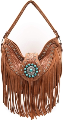 WESTERN STYLE FRIENGE CONCHOS GEM RINESTONE STUDED BRIEDED LEER BURSE COUNTRY handtas Vrouwen schoudertas portemonnee set