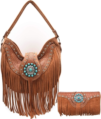 WESTERN STYLE FRIENGE CONCHOS GEM RINESTONE STUDED BRIEDED LEER BURSE COUNTRY handtas Vrouwen schoudertas portemonnee set