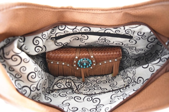 WESTERN STYLE FRIENGE CONCHOS GEM RINESTONE STUDED BRIEDED LEER BURSE COUNTRY handtas Vrouwen schoudertas portemonnee set