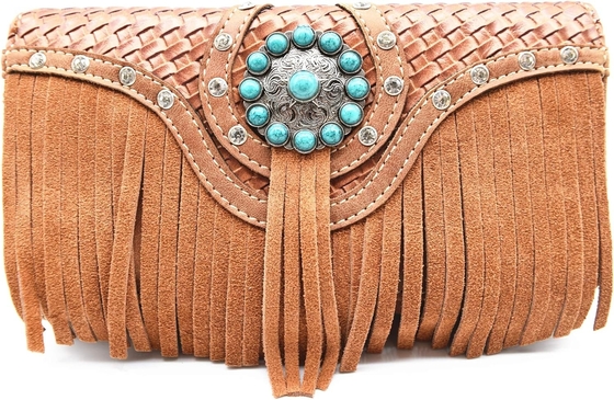 WESTERN STYLE FRIENGE CONCHOS GEM RINESTONE STUDED BRIEDED LEER BURSE COUNTRY handtas Vrouwen schoudertas portemonnee set
