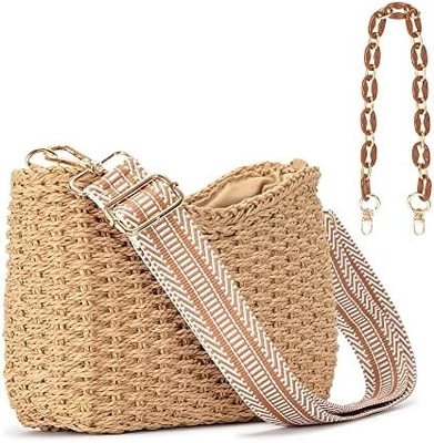 Herald kleine handgemaakte rieten zakboek crossbody tas voor vrouwen, zomer chic geweven handtas schouder tas met ketting