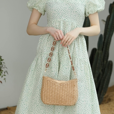 Herald kleine handgemaakte rieten zakboek crossbody tas voor vrouwen, zomer chic geweven handtas schouder tas met ketting