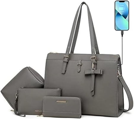 KEYLI 4PC SETS LAPTOP BAG VIR VROUWEN grote leer laptop briefcase met USB oplaadpoort computer schouder TOTE BAGS PU