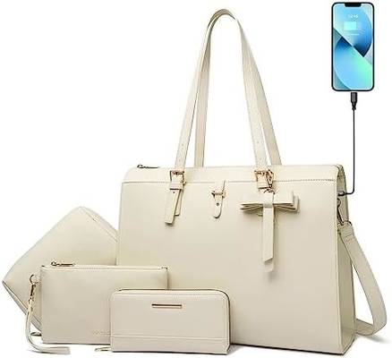 KEYLI 4PC SETS LAPTOP BAG VIR VROUWEN grote leer laptop briefcase met USB oplaadpoort computer schouder TOTE BAGS PU