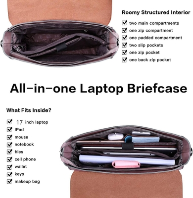 EASEGAVE Vrouwen 17 inch laptop briefcase, Vintage Purple SAFFIANO eco-leer, Multi-compartiment, 3 pond gewicht capaciteit