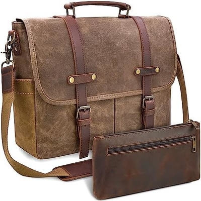 Mensen boodschapper tas 15,6 inch waterdicht Vintage Echt leer gewassen doek Briefcase grote zakje schoudertas