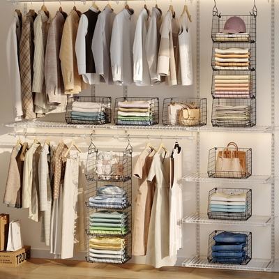 X-COSRACK 4 TIER FOLDABLE CLOSET ORGANIZER, KLOEDEN RELVES MET 5 S HOOKS, WALL MOUNT&amp;CABINET draad opslagmandjes,