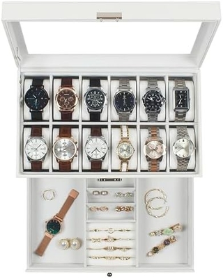 GUKA Horloge Doos 12 Slot Horloge Display Organisator Lederen Sieraden Doos Laaier Glas Verjaardag voor mannen Vrouwen, Kind Man