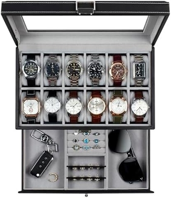 GUKA Horloge Doos 12 Slot Horloge Display Organisator Lederen Sieraden Doos Laaier Glas Verjaardag voor mannen Vrouwen, Kind Man