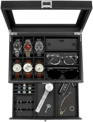 GUKA Horloge Doos 12 Slot Horloge Display Organisator Lederen Sieraden Doos Laaier Glas Verjaardag voor mannen Vrouwen, Kind Man