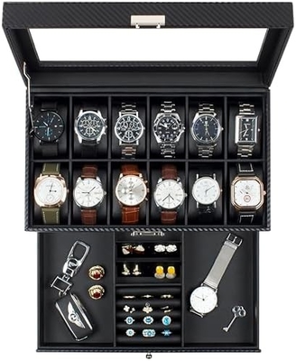 GUKA Horloge Doos 12 Slot Horloge Display Organisator Lederen Sieraden Doos Laaier Glas Verjaardag voor mannen Vrouwen, Kind Man