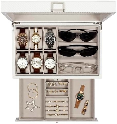 GUKA Horloge Doos 12 Slot Horloge Display Organisator Lederen Sieraden Doos Laaier Glas Verjaardag voor mannen Vrouwen, Kind Man