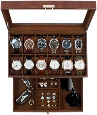 GUKA Horloge Doos 12 Slot Horloge Display Organisator Lederen Sieraden Doos Laaier Glas Verjaardag voor mannen Vrouwen, Kind Man