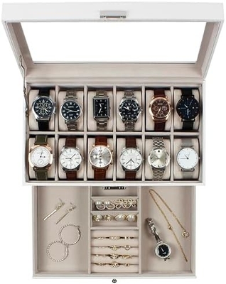 GUKA Horloge Doos 12 Slot Horloge Display Organisator Lederen Sieraden Doos Laaier Glas Verjaardag voor mannen Vrouwen, Kind Man