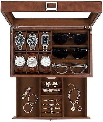 GUKA Horloge Doos 12 Slot Horloge Display Organisator Lederen Sieraden Doos Laaier Glas Verjaardag voor mannen Vrouwen, Kind Man