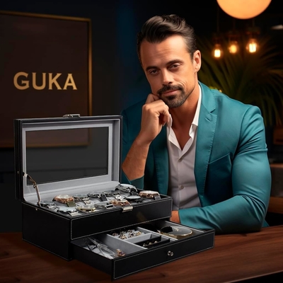 GUKA Horloge Doos 12 Slot Horloge Display Organisator Lederen Sieraden Doos Laaier Glas Verjaardag voor mannen Vrouwen, Kind Man