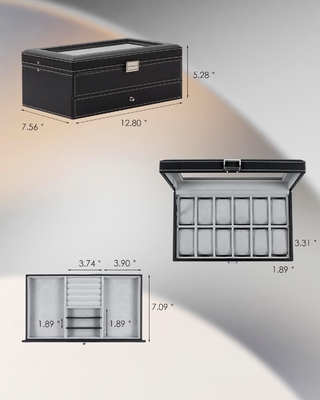 GUKA Horloge Doos 12 Slot Horloge Display Organisator Lederen Sieraden Doos Laaier Glas Verjaardag voor mannen Vrouwen, Kind Man