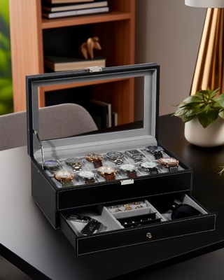 GUKA Horloge Doos 12 Slot Horloge Display Organisator Lederen Sieraden Doos Laaier Glas Verjaardag voor mannen Vrouwen, Kind Man